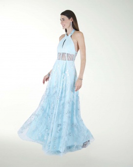 VESTIDO CL HALTER EN TELA BORDADA